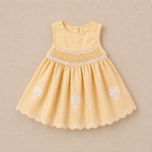 Heritage Smocked Beige Scalloped Dress For Girls