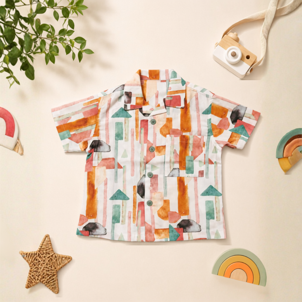 Abstract Watercolor Geometric Cuban Collar Shirt for Kid Boys