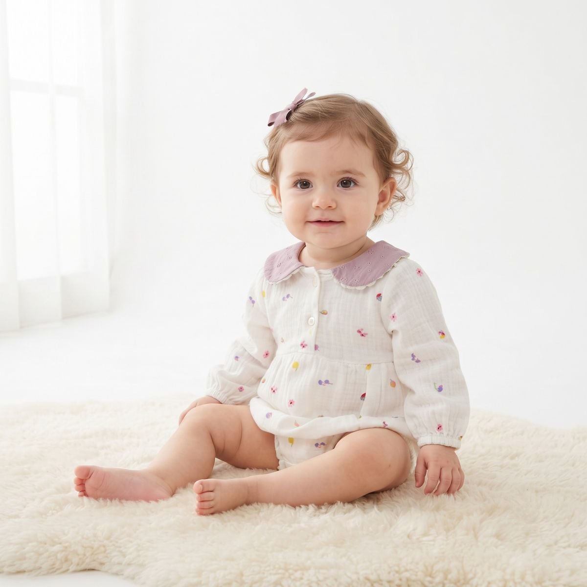 Lilac Eyelet Collar Floral Romper For Baby Girl - Image 3