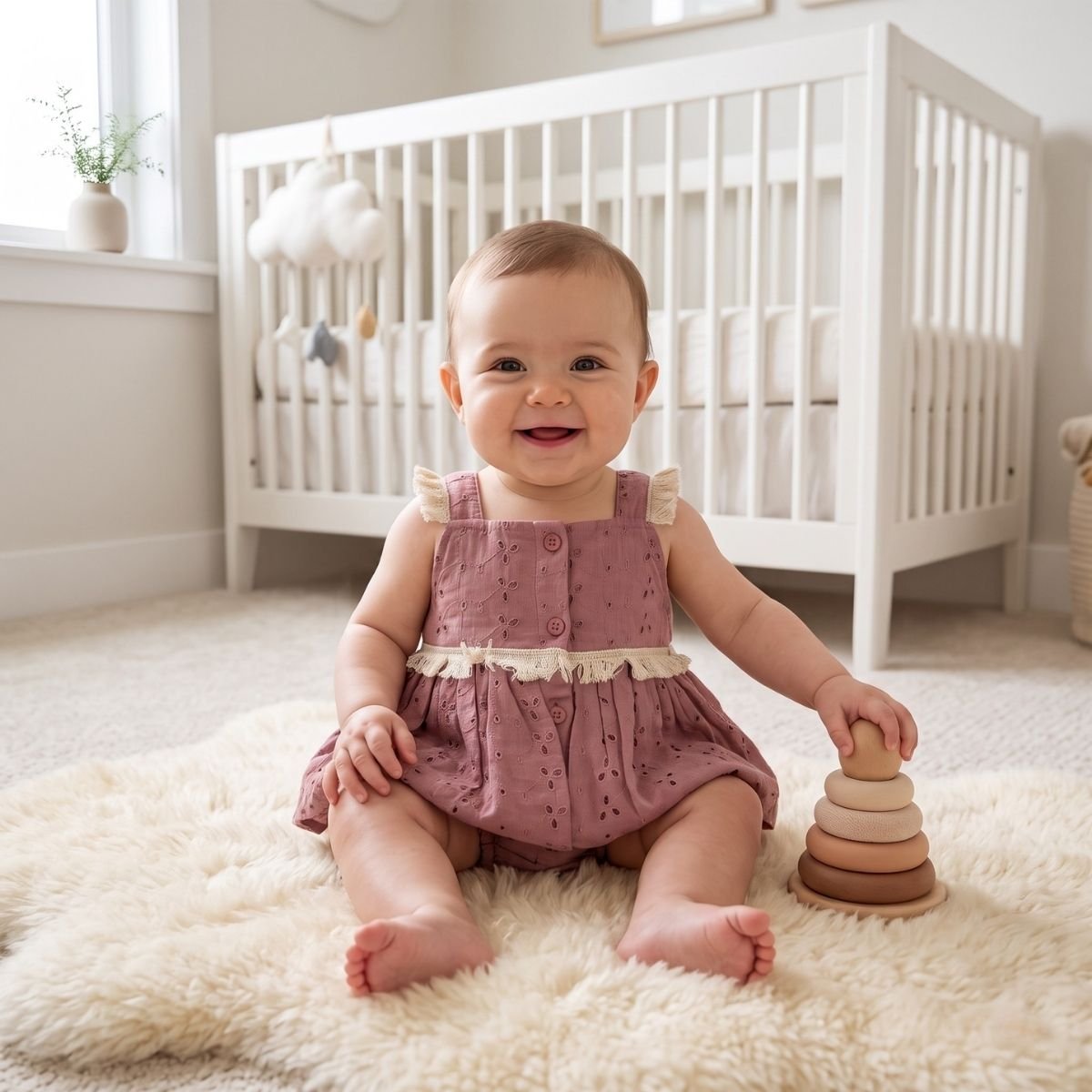 Vintage Mauve Eyelet Romper Dress For Infant Girls - Image 3