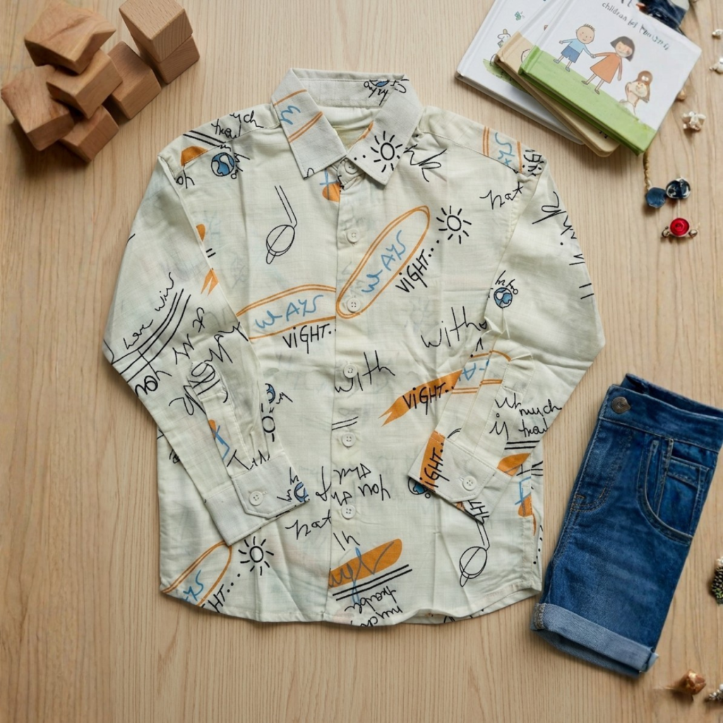 Doodle Art Typography Button-Up Shirt For Boys