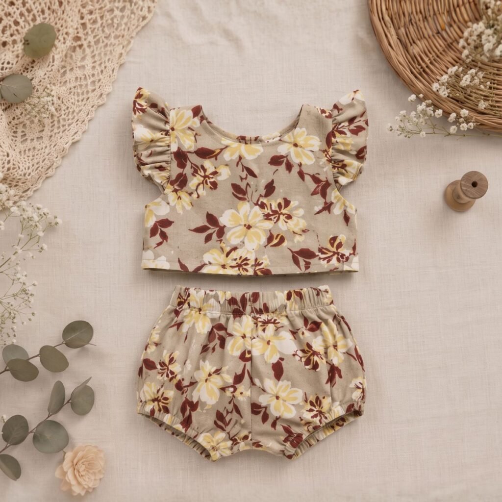 Vintage Floral Ruffled Two-Piece Bloomer Set For Baby Girls