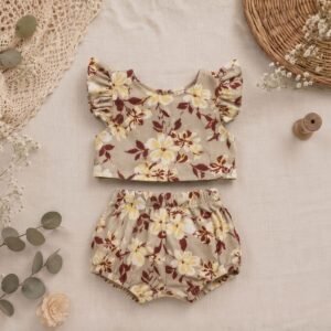 Vintage Floral Ruffled Two-Piece Bloomer Set For Baby Girls