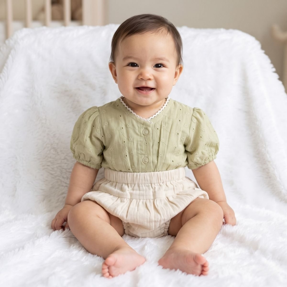 Vintage Garden Sage & Cream Romper For Baby Girl - Image 3