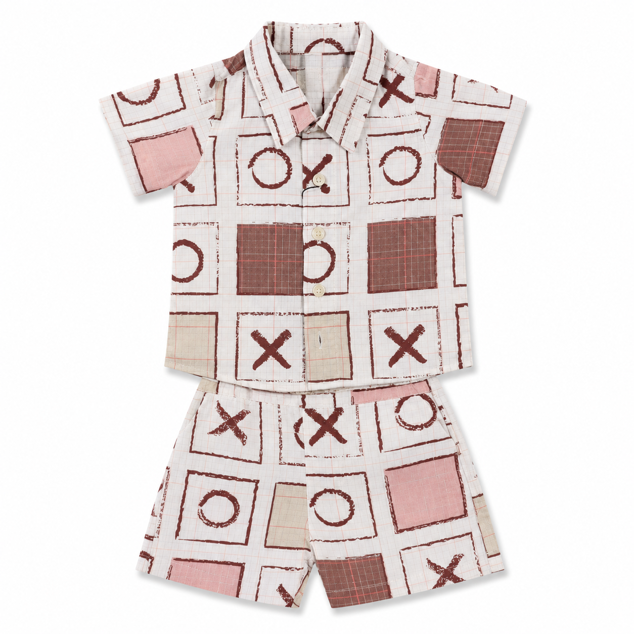 Checked Neck Shirt & Shorts Set (Top & Bottom Sets) For Kid Boys