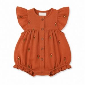 Terracotta Embroidered Floral Flutter Baby Romper For Baby Girls