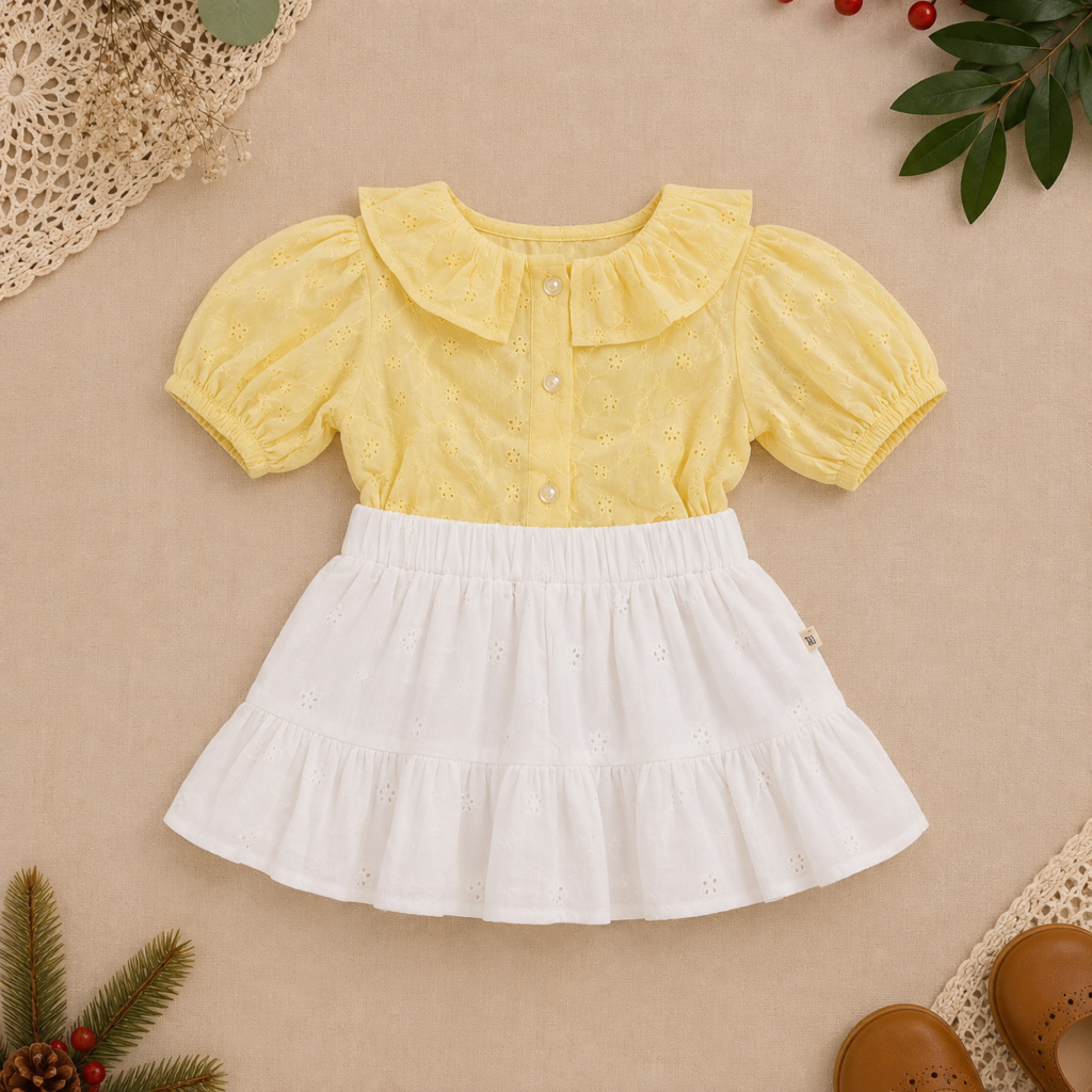 Toddler Girls Eyelet Blouse and Tiered Skirt Set