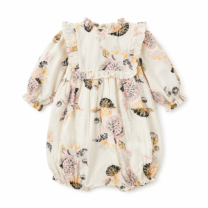 Ruffled Botanical Print Long-Sleeve Romper Dress For Girls