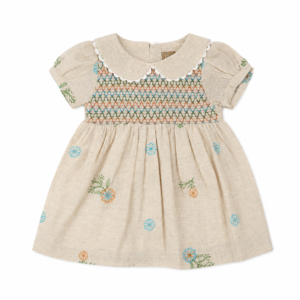 Embroidered Smocked Linen Frock For Girls