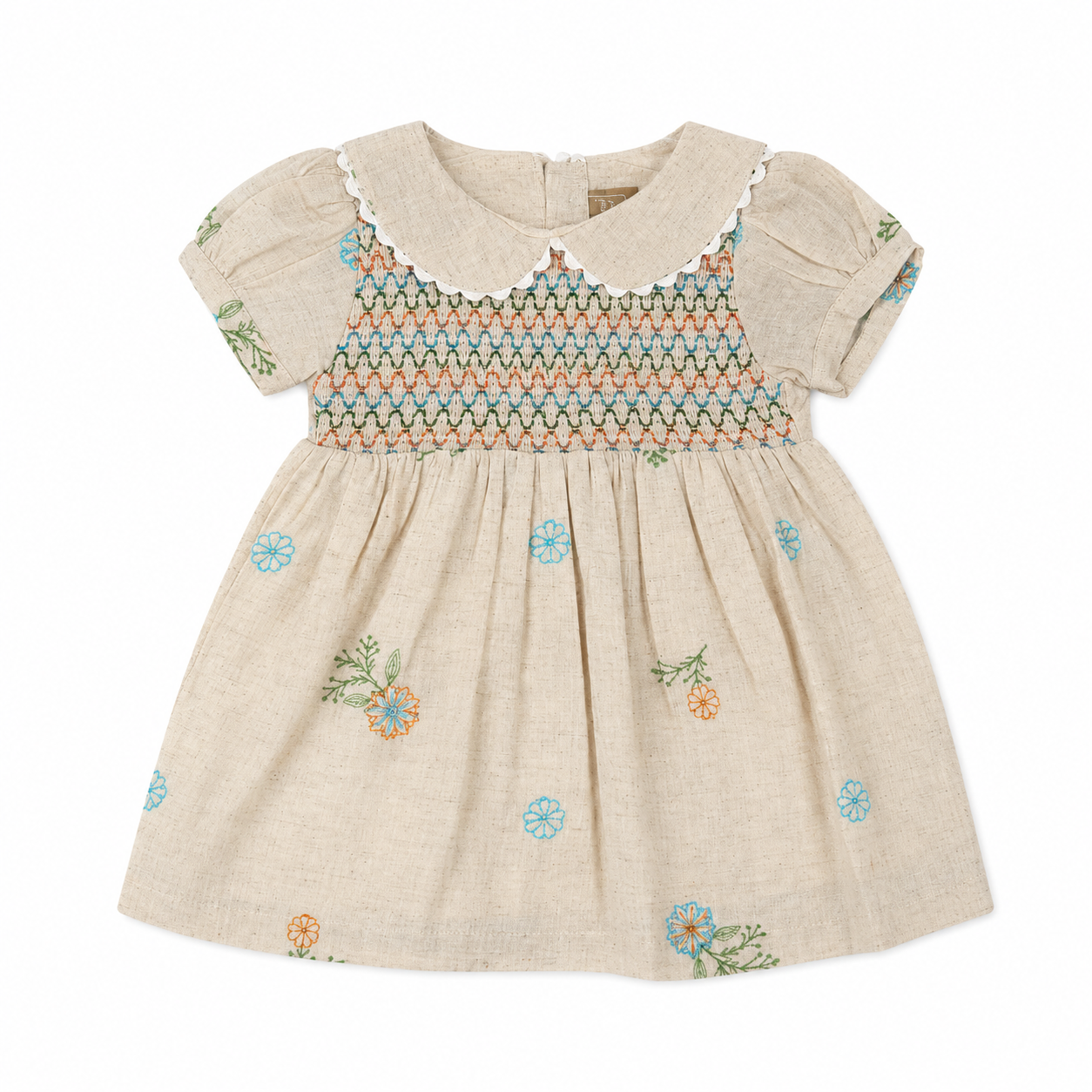 Embroidered Smocked Linen Frock For Girls