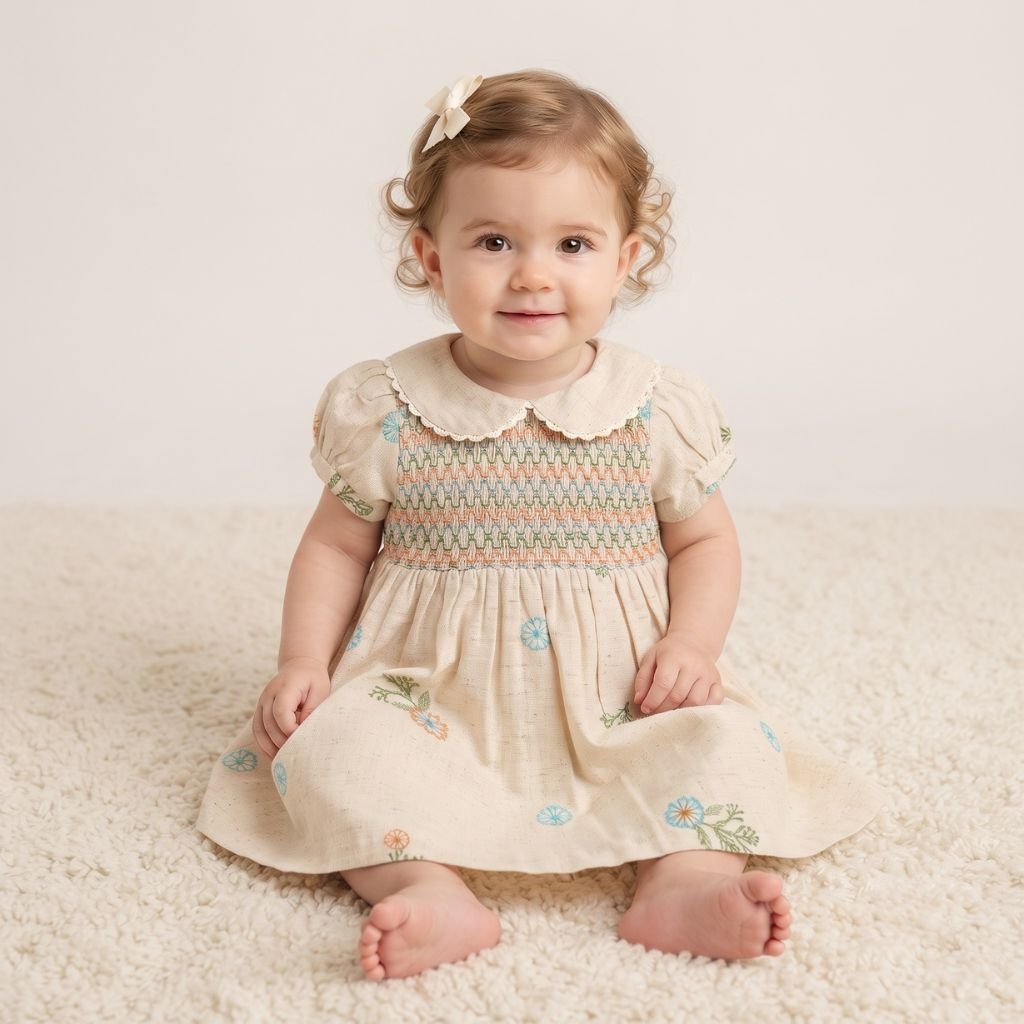 Embroidered Smocked Linen Frock For Girls - Image 3