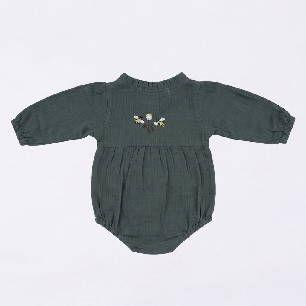 Cotton Crinkle Long-Sleeve Romper For Infant Girls