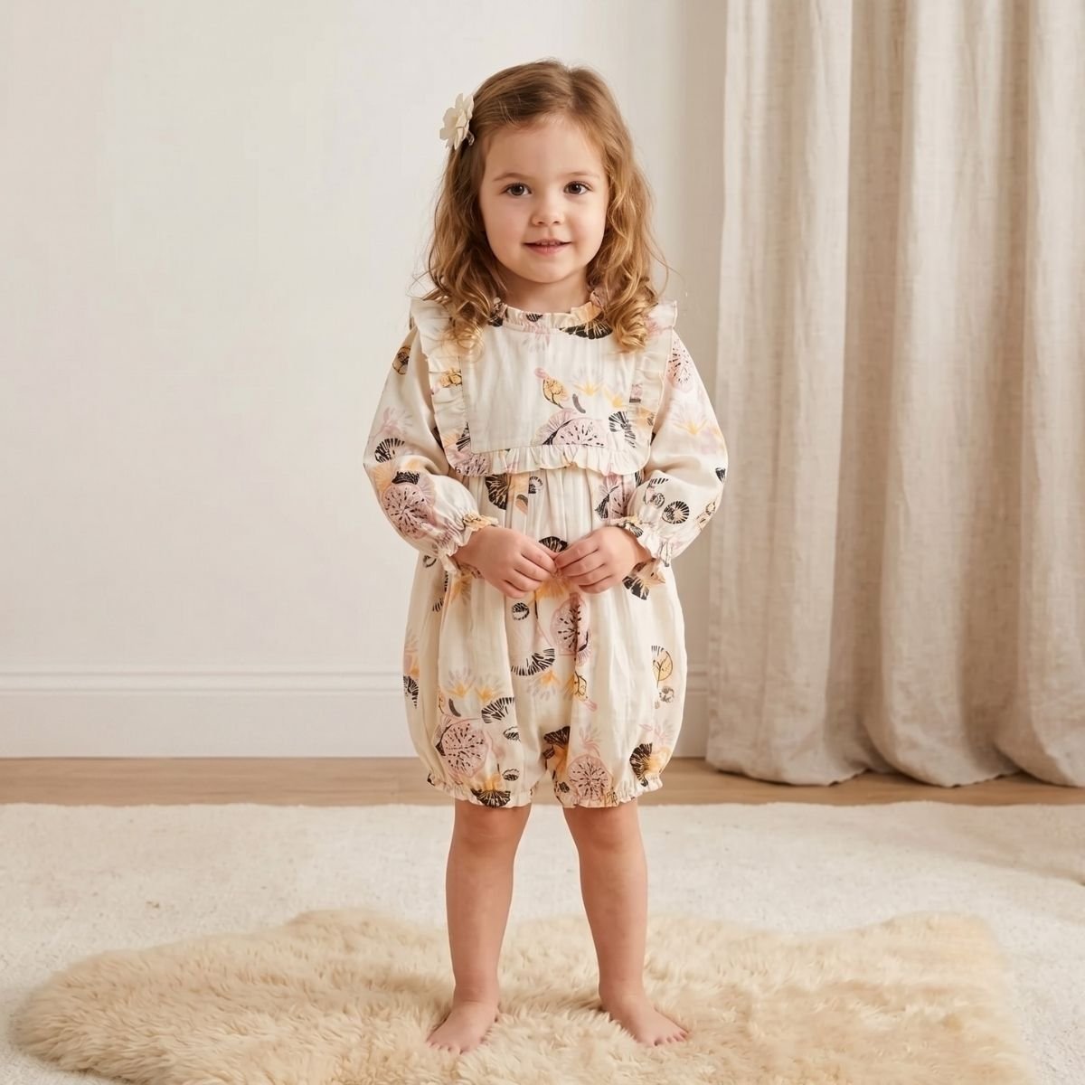 Ruffled Botanical Print Long-Sleeve Romper Dress For Girls - Image 3